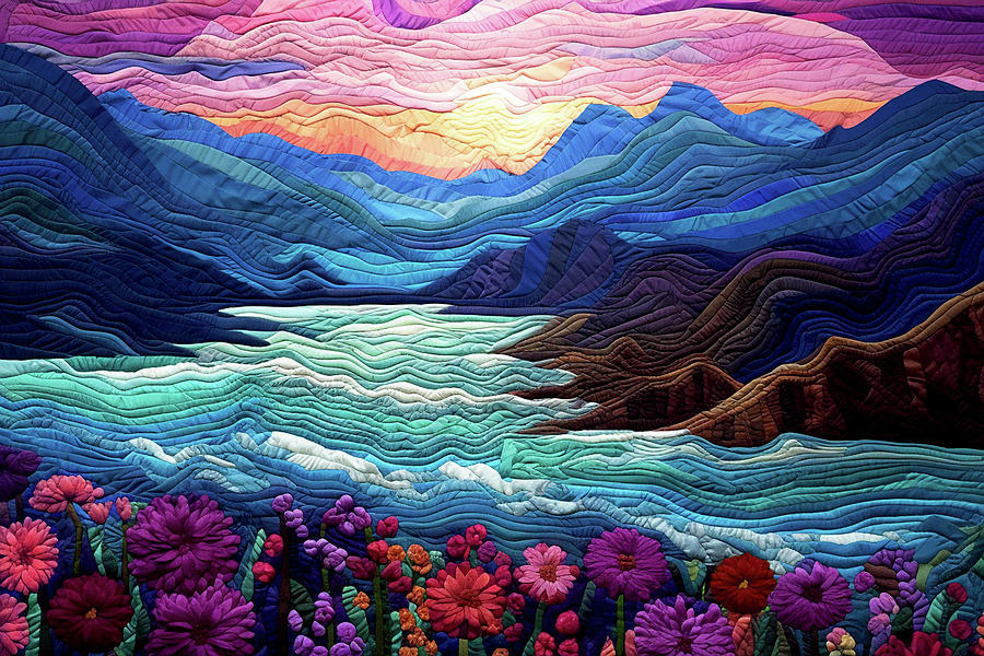 Landscape at Sunset - Quilted Effect Digital Art by Peggy Collins