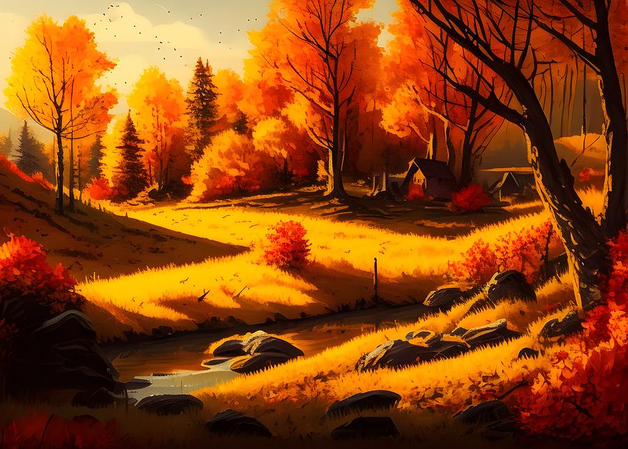 Landscape Autumn, Generative Ai Illustration Digital Art