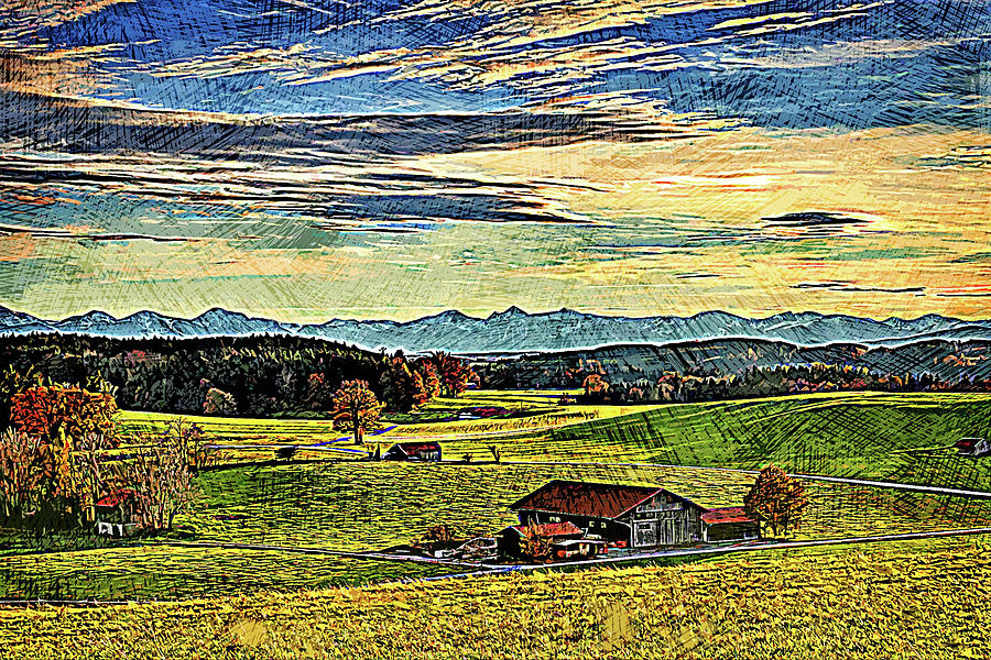 Mountain Painting - Landscape - Barn, farm, foothills, sunset, countryside by Art Market America