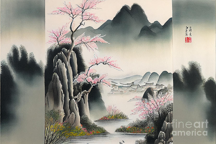 Landscape  Chinese  Watercolor  Painting  A  Lake  By Asar Studios Digital Art
