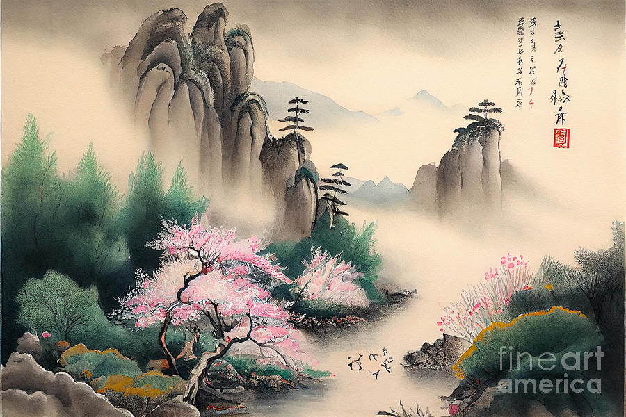 Landscape  Chinese  Watercolor  Painting  By Asar Studios Digital Art