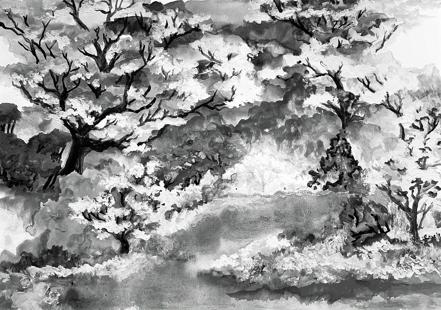 Landscape in Black and White Mixed Media by Kathleen Voort