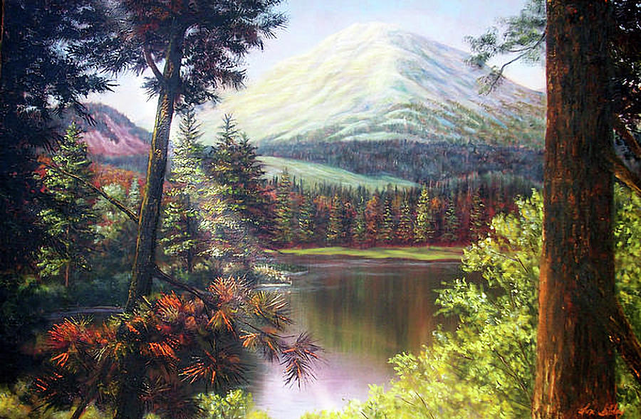 Landscape-lake and trees Painting by Loxi Sibley