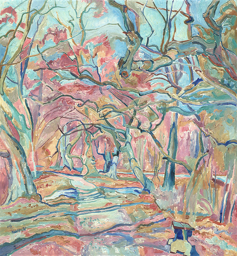 Landscape Painting - Landscape of a path in a park in spring with sunlit trees and bench by Vitali Komarov Landscape Painting - Landscape of a path in a park in spring with sunlit trees and bench by Vitali Komarov