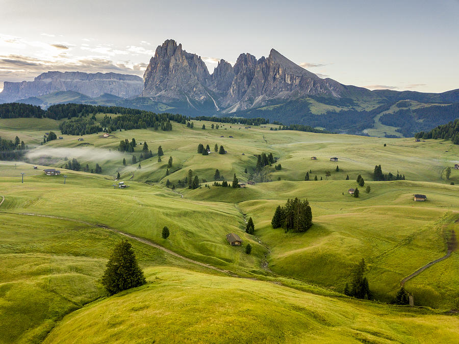 Landscape of Alpe di Siusi on summer from drone Photograph by Bento Fotography