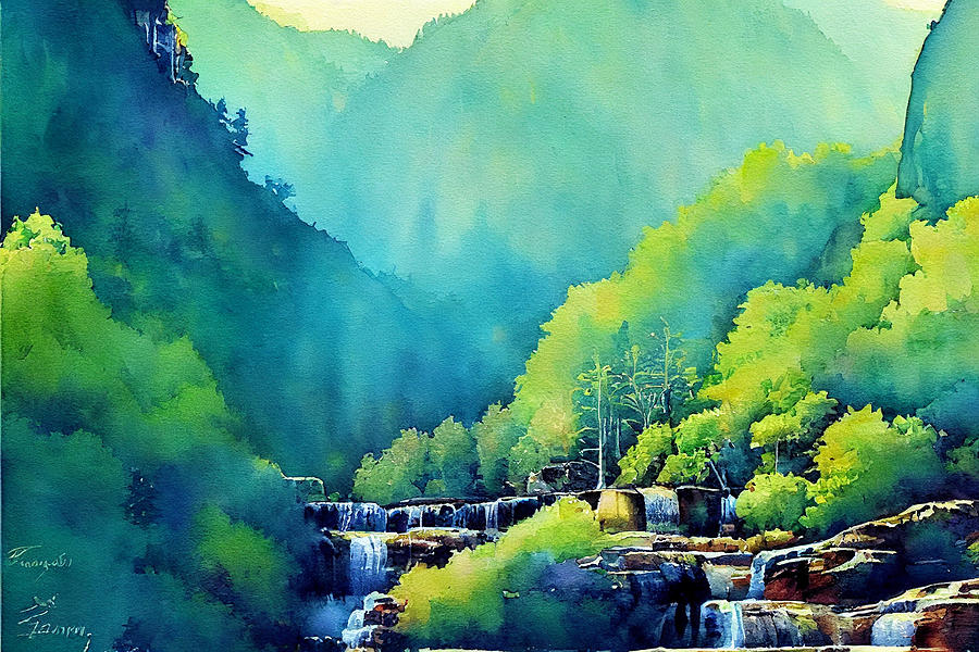 landscape  painting  of  Tallulah  gorge  waterfalls  water by Asar Studios Digital Art