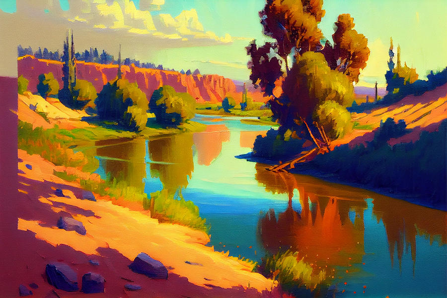 landscape  river  lake  beautiful  day  oil  painting  by Asar Studios Digital Art