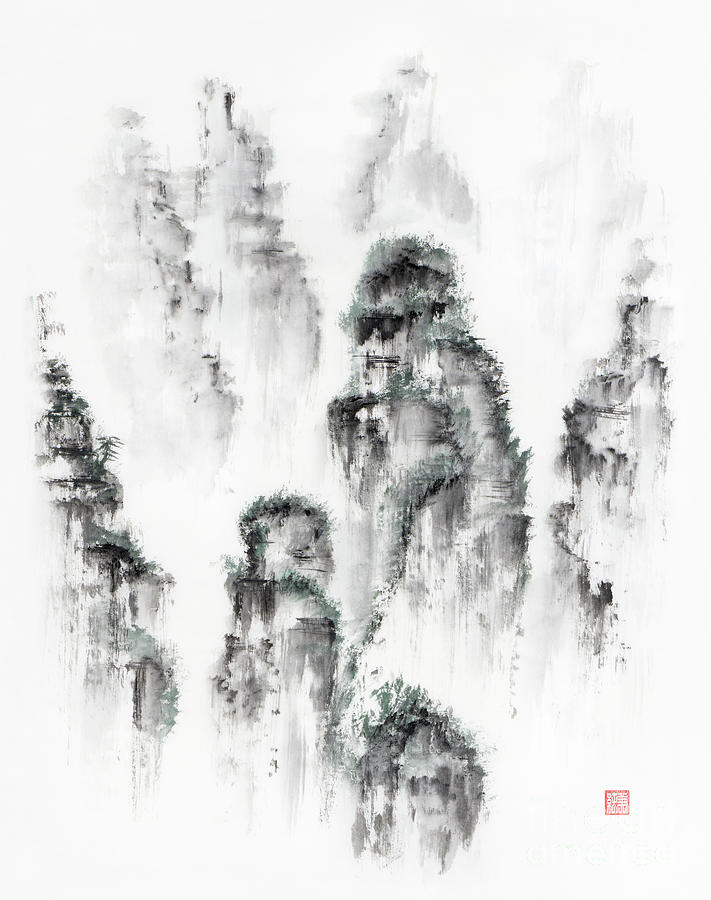 Monochrome watercolour landscape painting – mystical misty mountains