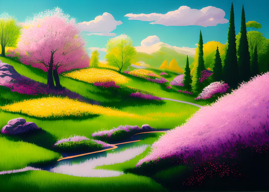 Landscape Spring, Generative Ai Illustration Digital Art