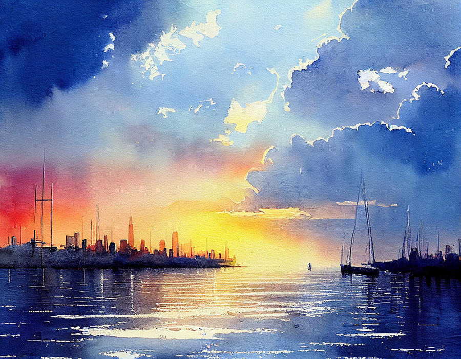 landscape  watercolor  painting  of  Chicago  harbor  Thoma  by Asar Studios Digital Art