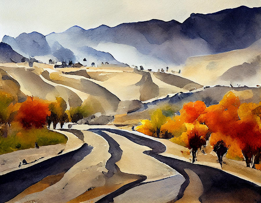 landscape  watercolor  painting  of  curving  road  north  a  by Asar Studios Digital Art