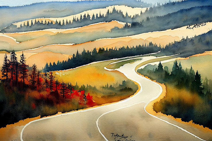 landscape  watercolor  painting  of  curving  road  north  C  by Asar Studios Digital Art