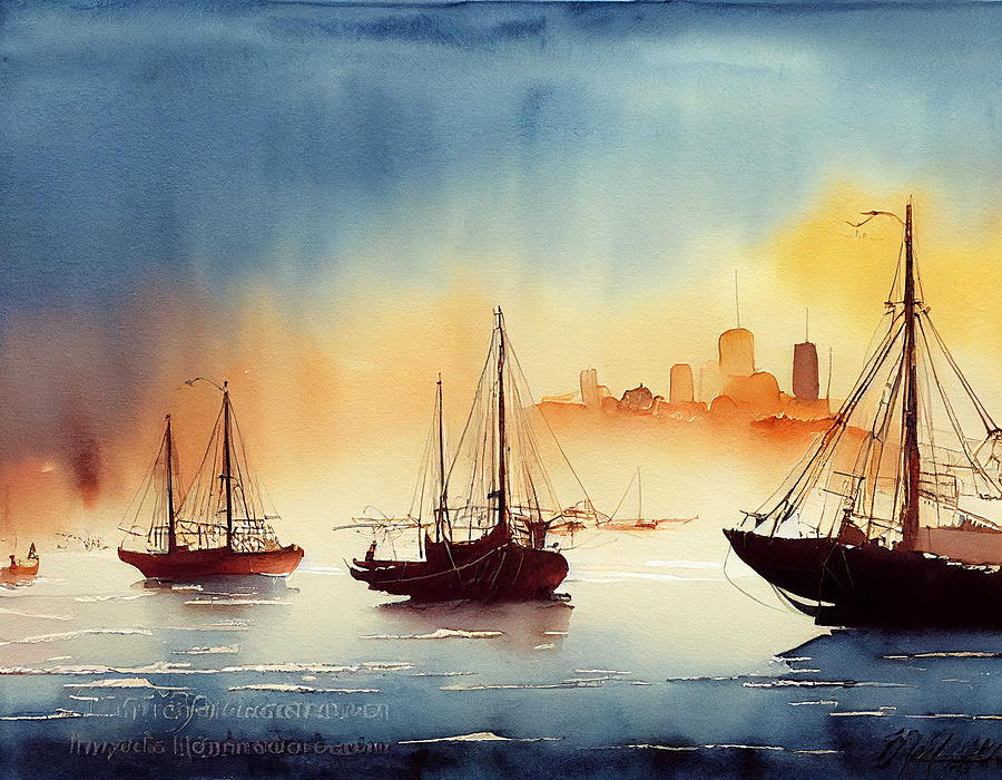 landscape  watercolor  painting  of  fleet  of  shrimp  boat  by Asar Studios Digital Art