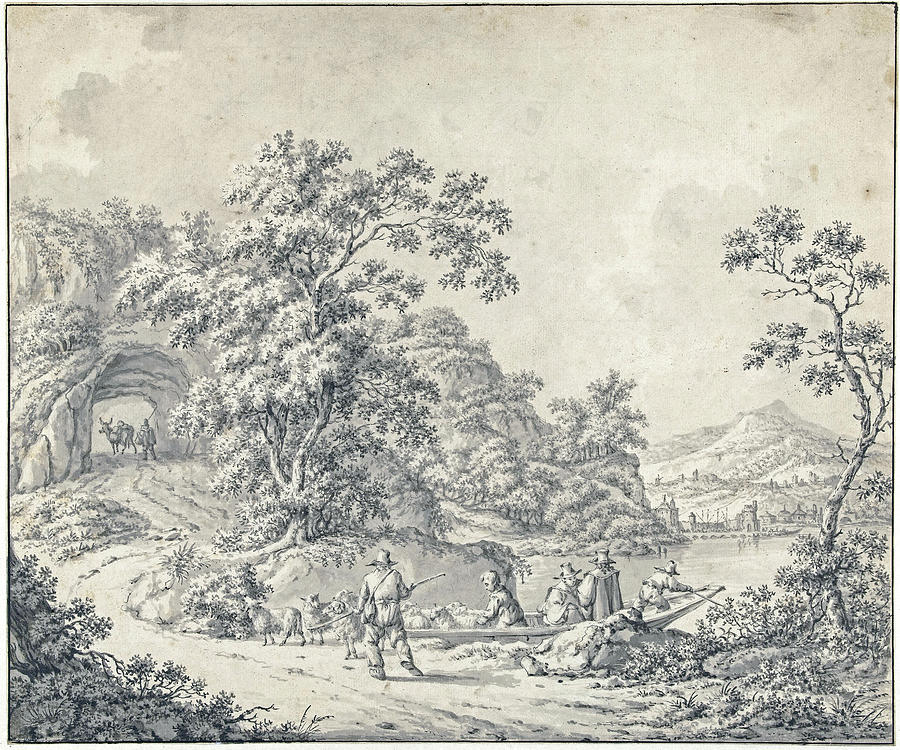 Landscape With A Boat In Which A Shepherd With His Flock Jurriaan Andriessen Attributed To 1755 - 18 Painting