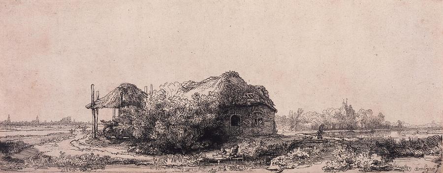 Landscape Drawing - Landscape with a Cottage and Haybarn  by Rembrandt van Rijn Dutch