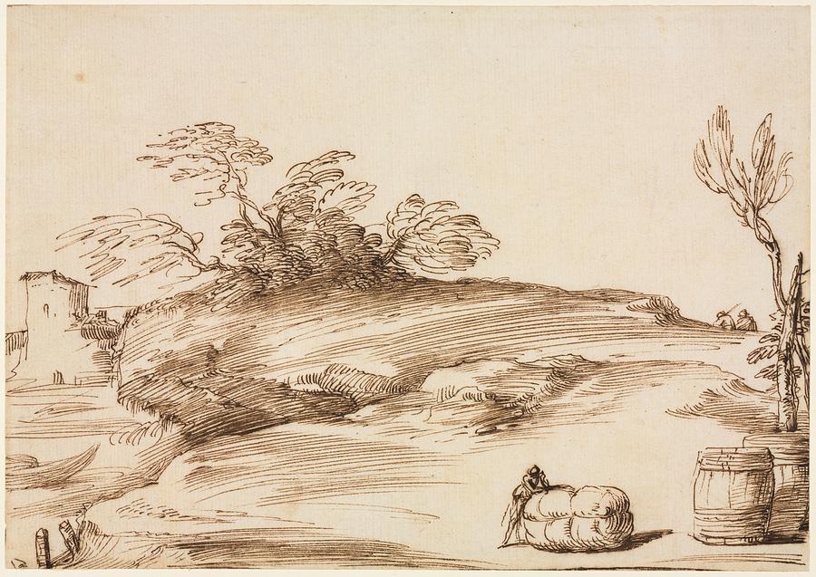 Landscape with a Man Leaning on a Bale c. 1640 Guercino Painting by MotionAge Designs