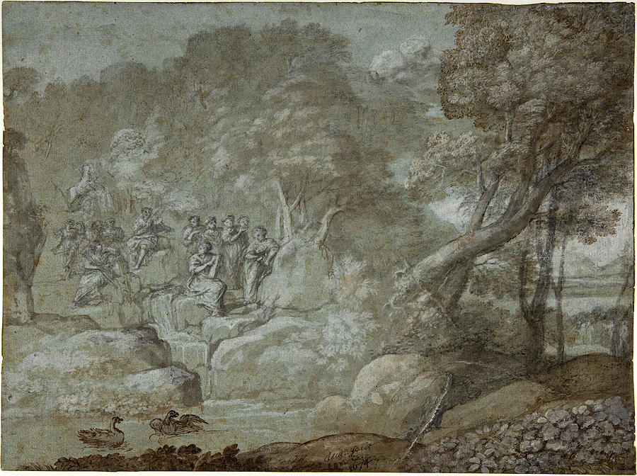 Landscape with Apollo and the Muses 2 Drawing by Claude Lorrain