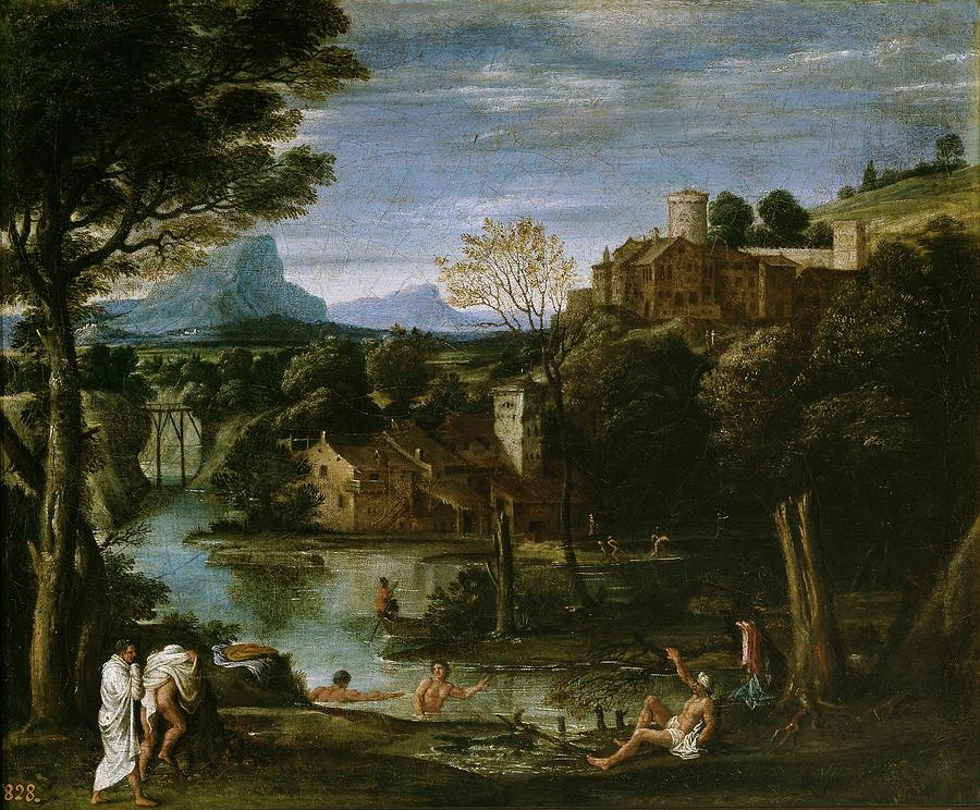 Landscape with Bathers, Late 16th century - Early 17th centur... Painting by Annibale Carracci -1560-1609- Landscape with Bathers, Late 16th century - Early 17th centur... Painting by Annibale Carracci -1560-1609-