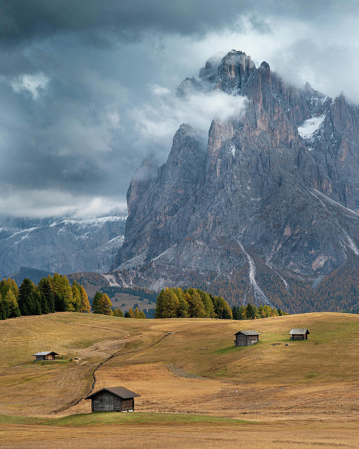 Landscape With Beautiful Autumn Meadow Field And The Amazing Dolomite Rocky Peaks. Valley Of Alpe Di Siusi Seiser Alm South Tyrol Italy. Photograph