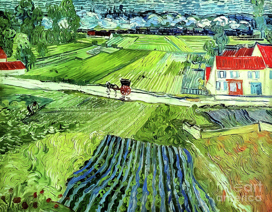 Landscape With Carriage and Train by Vincent Van Gogh 1890 Painting by Vincent Van Gogh