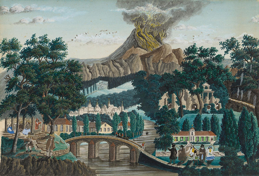 Landscape with Erupting Volcano, Bridge and Wedding Party Drawing by Ernst Damitz Landscape with Erupting Volcano, Bridge and Wedding Party Drawing by Ernst Damitz