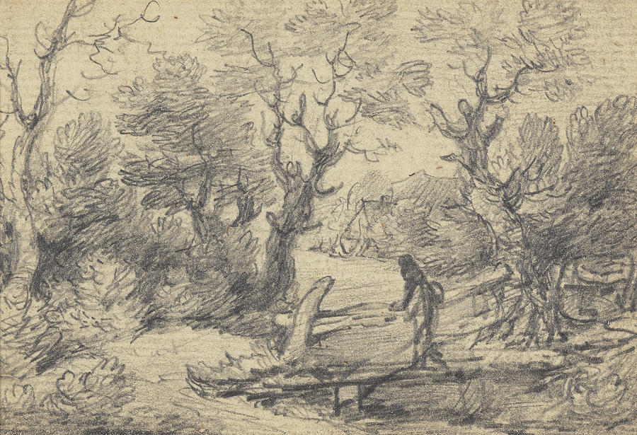 Landscape with Figure on a Footbridge Drawing by Gainsborough Dupont