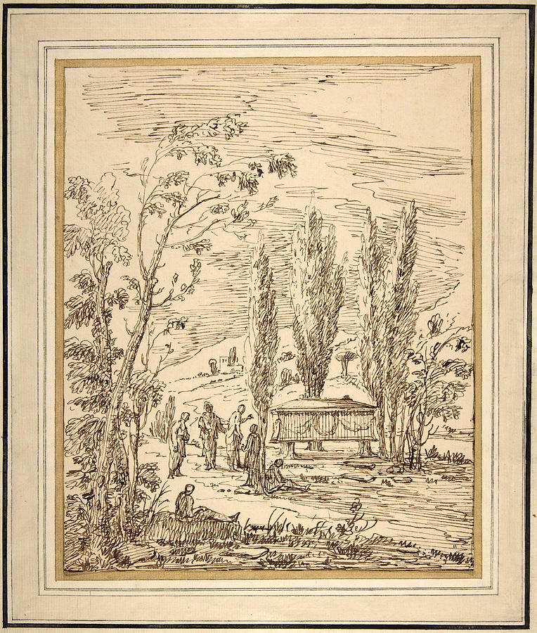 Landscape with Figures near a Tomb Drawing by Giovanni Antonio Burrini
