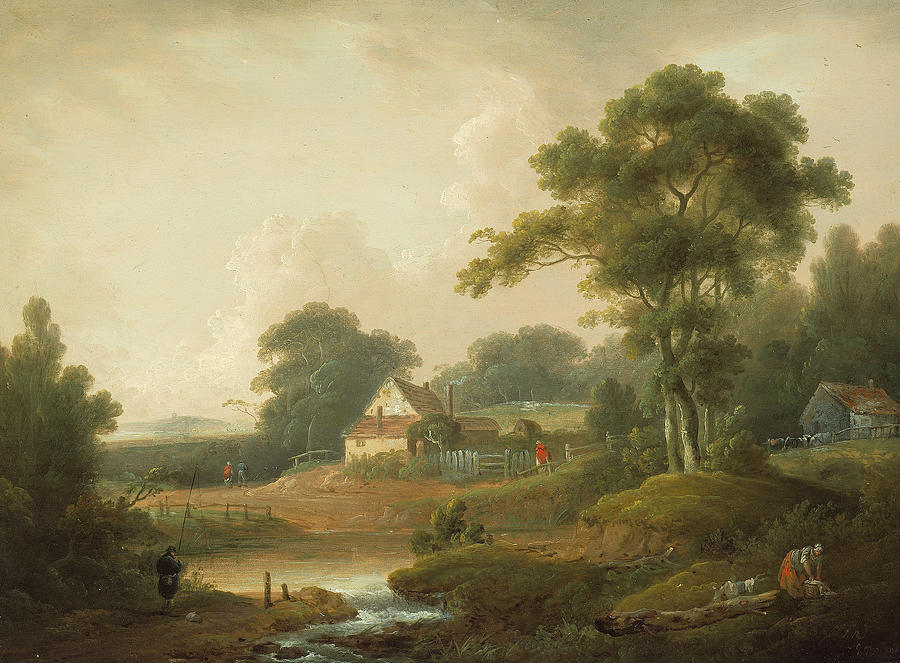 Landscape with Fisherman and Washerwoman Painting by John Rathbone and George Morland