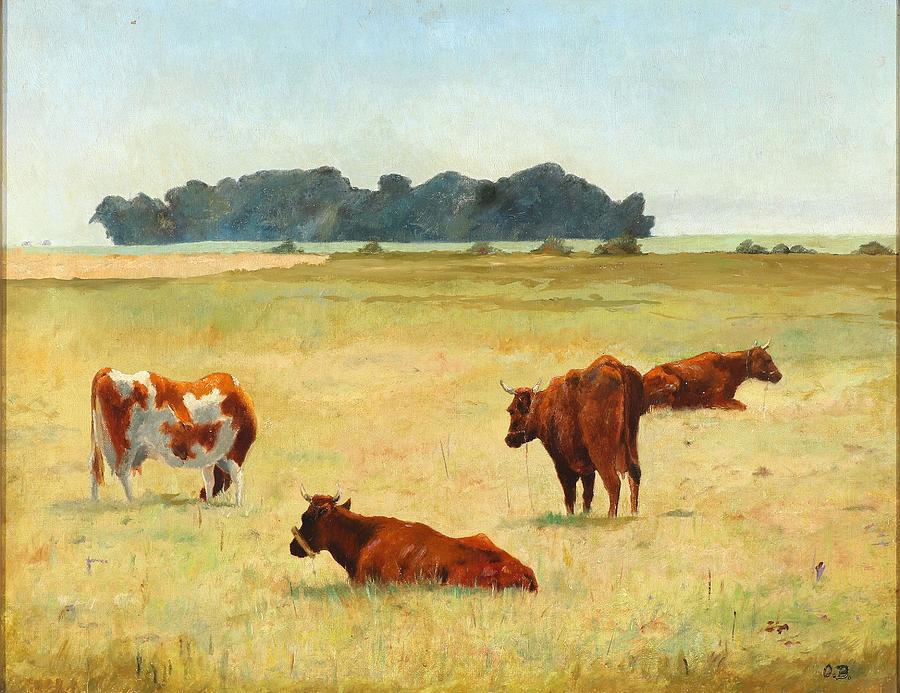 Cow Painting -  Landscape with grazing cows in a field Dansk  Landskab med graessende koer pa en mark  by Otto Petersen Balle