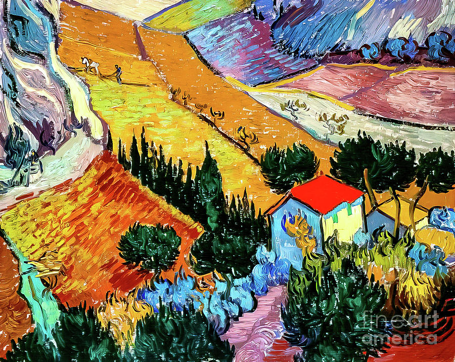 Landscape With House and Ploughman by Vincent Van Gogh 1889 Painting by Vincent Van Gogh