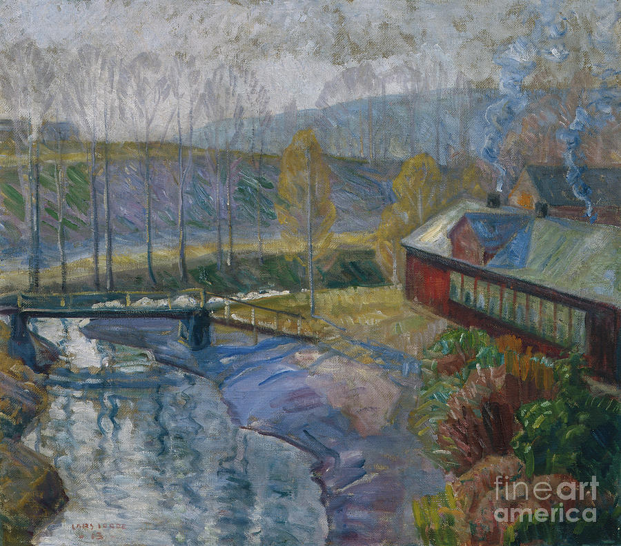 Landscape with house and river, 1913 Painting by O Vaering by Lars Jorde