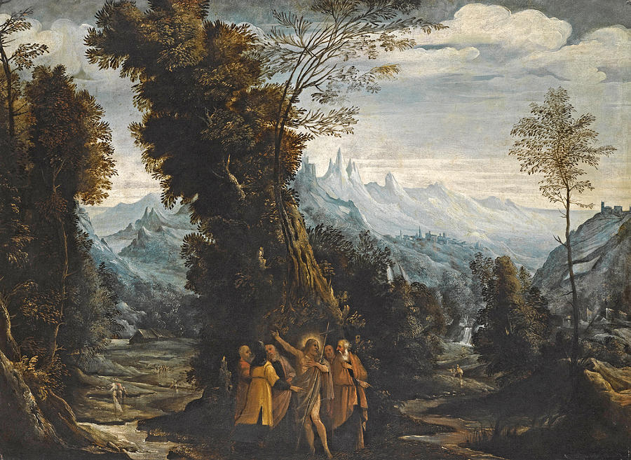 Landscape with John the Baptist Preaching in the Wilderness Painting by Attributed to Mastelletta