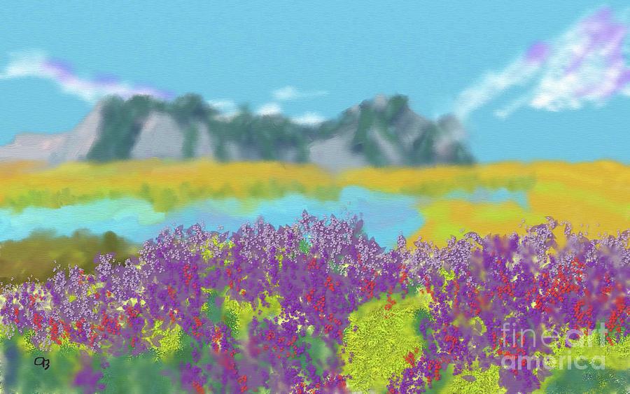 Landscape with Lake and Flowers Digital Art by Arlene Babad