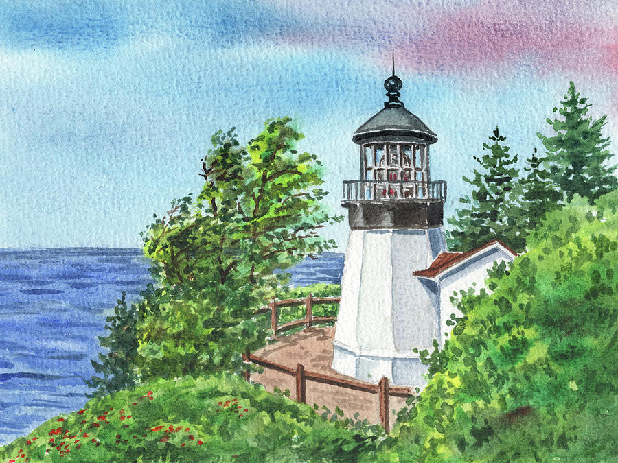 Landscape With Lighthouse And The Ocean Shore Watercolor Seascape Painting