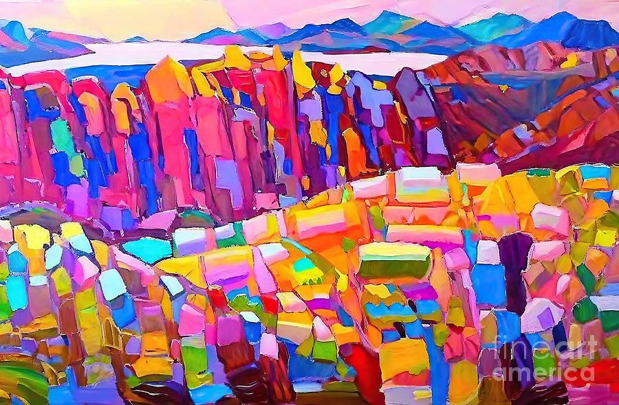Mountain Painting - Landscape with River and Mountains Green Sky Painting blue fine art impasto contemporary art modern art bright colors acrylic paint ruslan khais art canvas art large abstract landscape oil painting by N Akkash