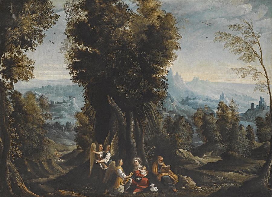 Landscape with the Rest on the Flight into Egypt Painting by Attributed to Mastelletta