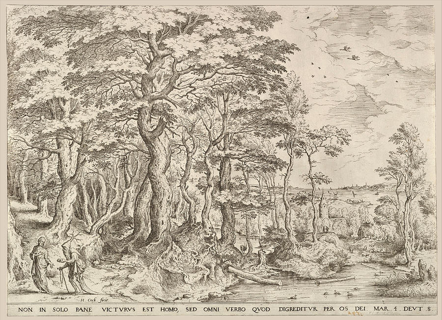 Landscape with the Temptation of Christ Drawing by Hieronymus Cock