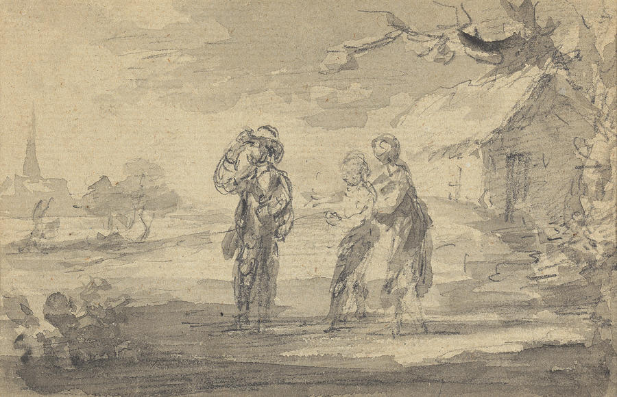 Landscape with Three Figures, Cottage, and Church Spire Drawing by Gainsborough Dupont