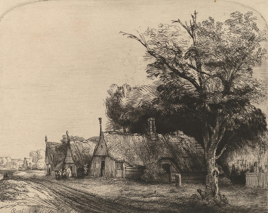 Landscape with Three Gabled Cottages beside a Road Drawing by Rembrandt van Rijn
