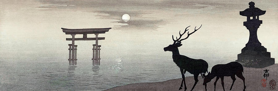 Landscape with Torii and deer by Ohara Koson Painting by Ohara Koson