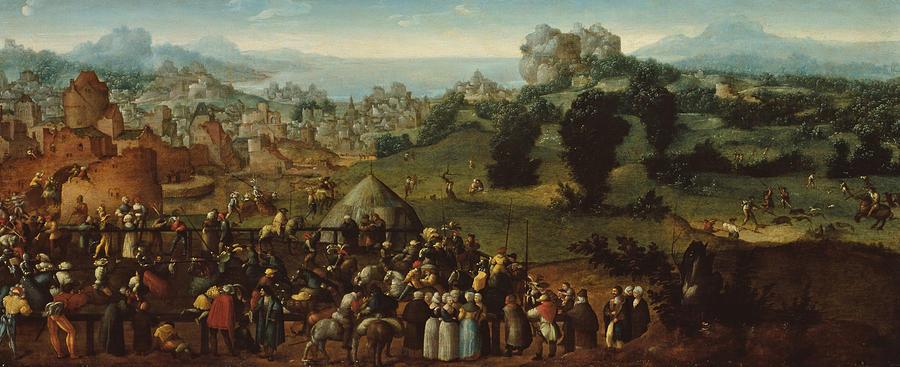 Landscape with Tournament and Hunters Painting by Jan van Scorel