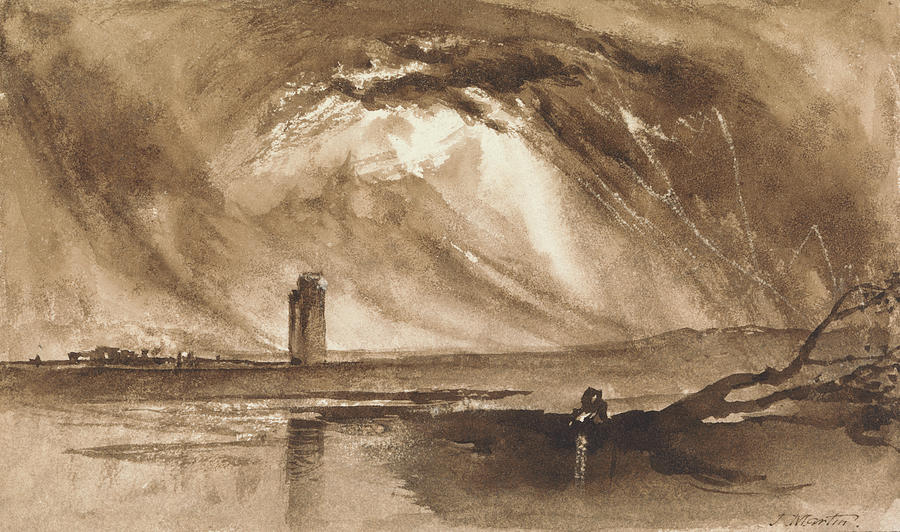 Landscape with Tower and Approaching Storm Drawing by John Martin