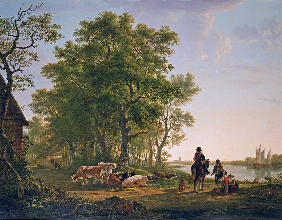 Landscape with trees and cattle, Dordrecht in the background Painting by Jacob van Strij