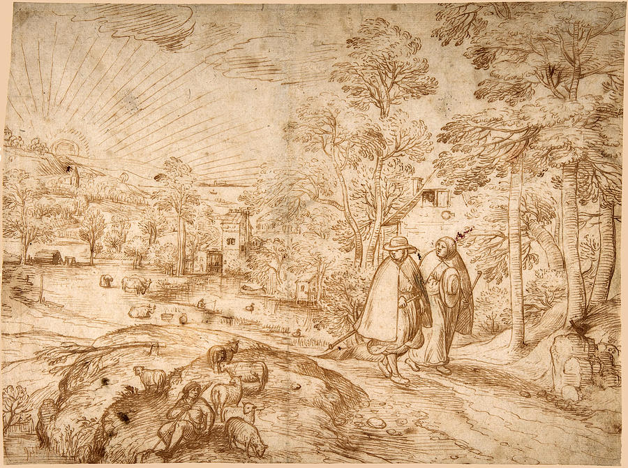 Landscape with Two Pilgrims Walking Along a Road Drawing by Attributed to Pieter Balten