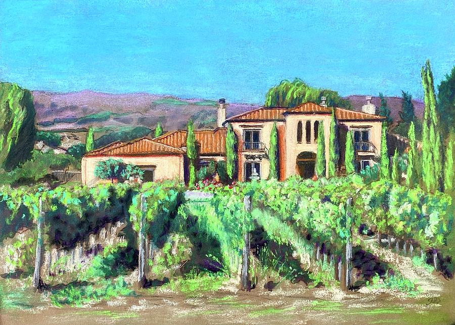 Landscape with Villa and Vineyard in Napa Valley Pastel by Masha Batkova