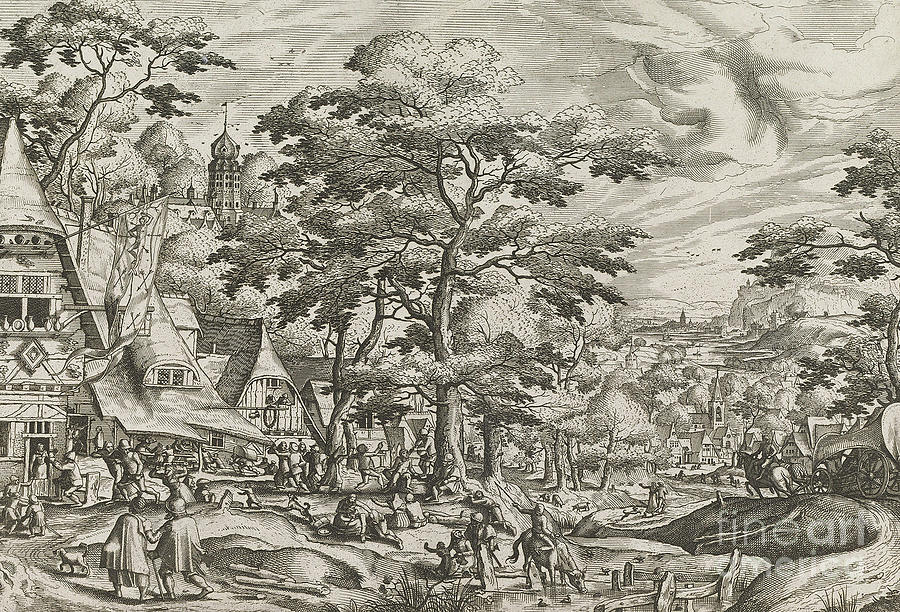 Landscape with Village Scene, 1562, etching Drawing by Hans Bol