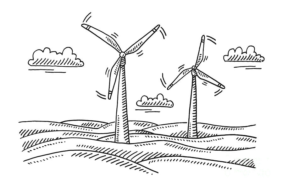 Black And White Drawing - Landscape With Wind Turbines Drawing by Frank Ramspott