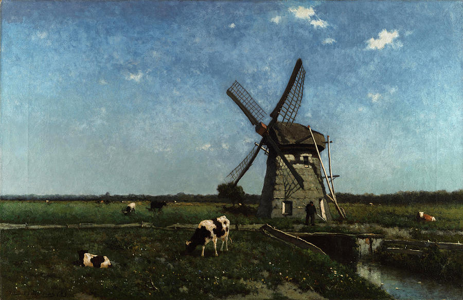 Landscape Painting - Landscape with Windmill near Schiedam  by Johan Hendrik Weissenbruch