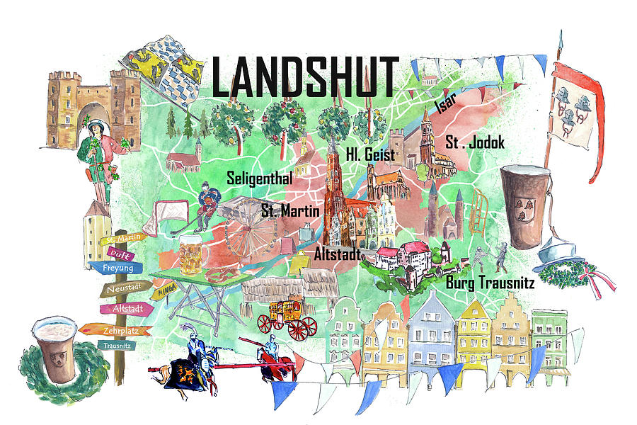 Landshut Illustrated Favorite Map with Roads and Touristic Highlights ...