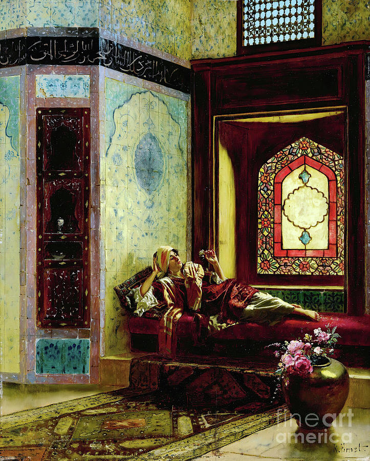 Languorous Oriental Lady with a Rose Painting by Sad Hill - Bizarre Los Angeles Archive